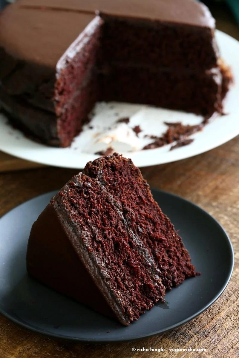 Vegan Chocolate Cake with Chocolate Peanut Butter Ganache. Simple Chocolate Layer Cake. Add raspberry or apricot preserves. Soy-free Palm Oil-free Recipe | VeganRicha.com