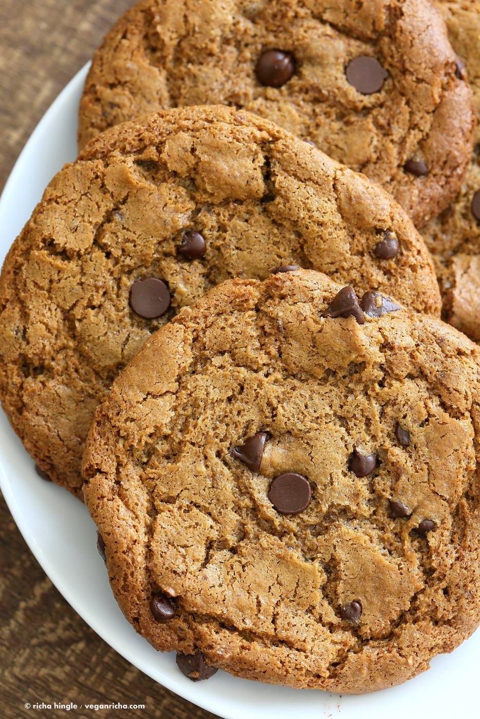 These huge Chickpea Flour Chocolate Chip Cookies are chewy and a perfect treat. These cookies need 1 Bowl, are grain-free, gluten-free vegan and can be made nut-free. | VeganRicha.com