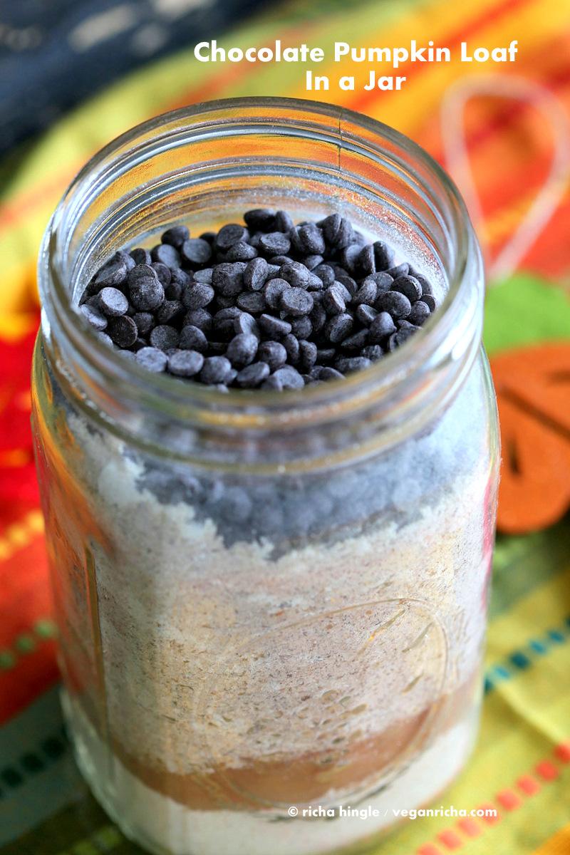 Vegan Chocolate Pumpkin Cake Mix is a perfect gift in a jar. Just add pumpkin & non dairy milk and bake. Spiced, Moist, delicious. One Bowl Pumpkin Chocolate Bread or Cake.| Pitzn