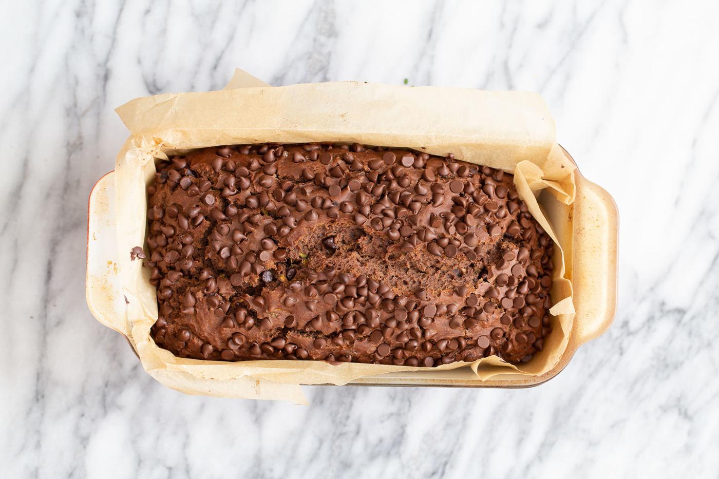 freshly baked loaf of vegan chocolate zucchini bread