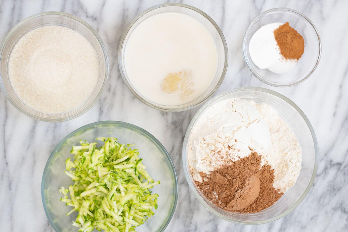 overhead shot of ingredients used for making vegan chocolate zucchini bread