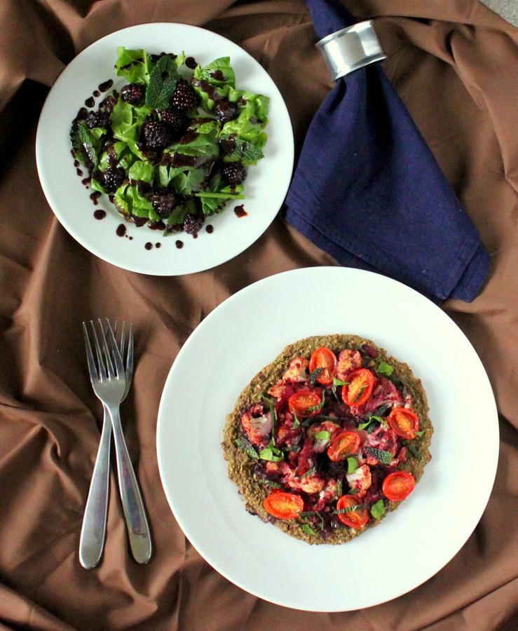 Vegan Chopped: Black-eyed Pea Pizza crust, Blackberry Tomato chutney w/ Cauliflower, and Spinach Blackberry Mint Salad. Glutenfree, recipe