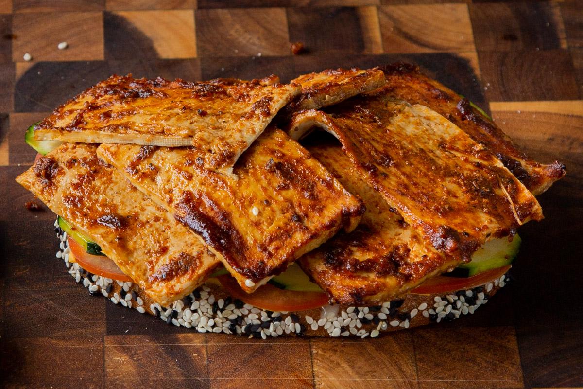 tofu deli slices layered onto the veggies