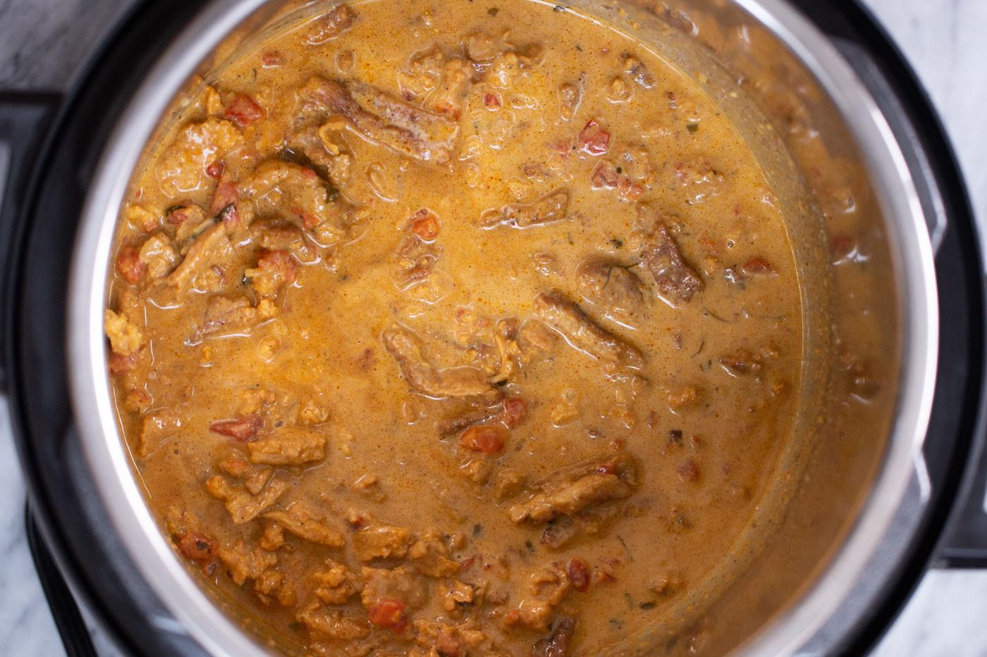 overhead shot of an Instant Pot with soycurl curry
