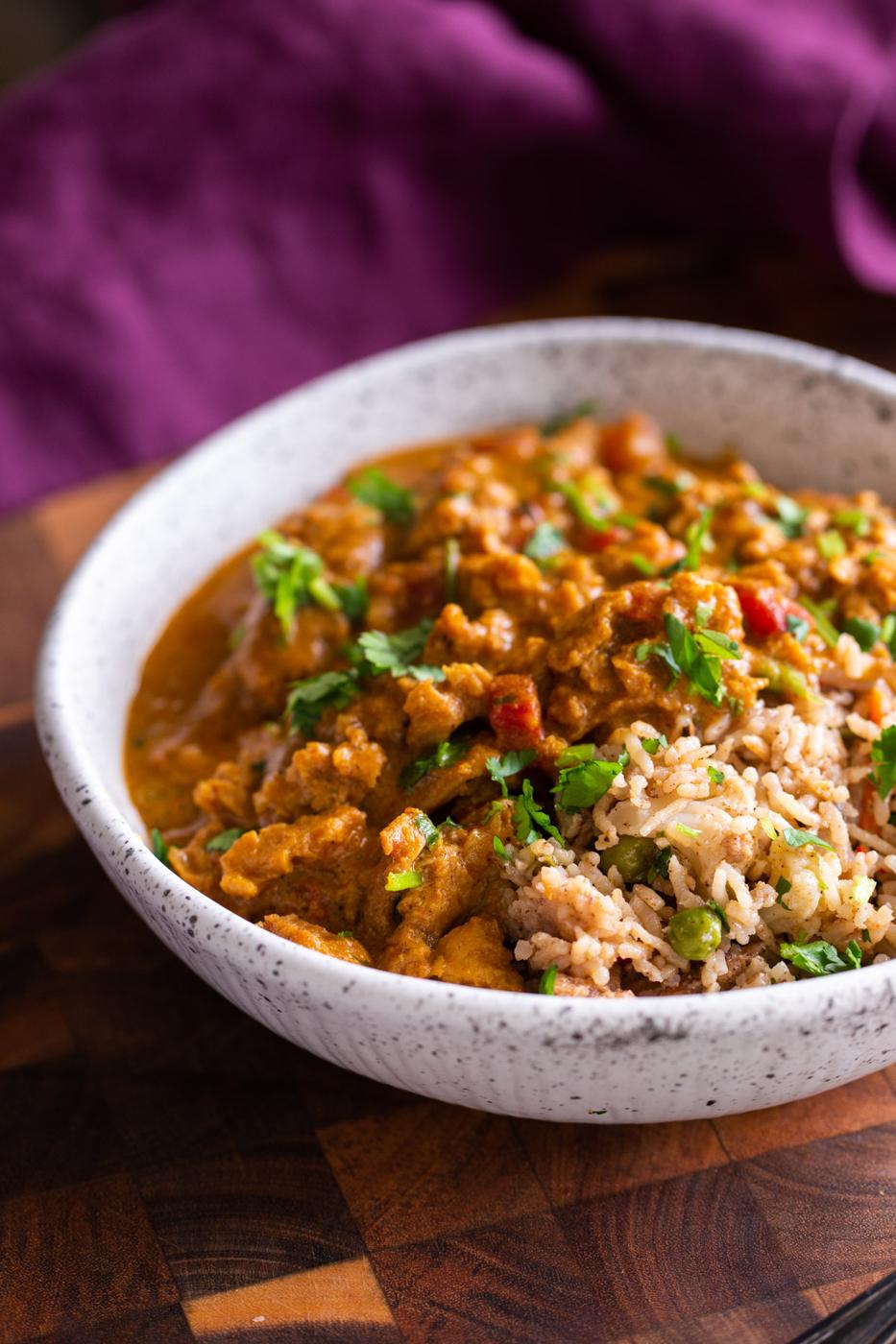 a serving of Instant Pot soycurl curry served over rice