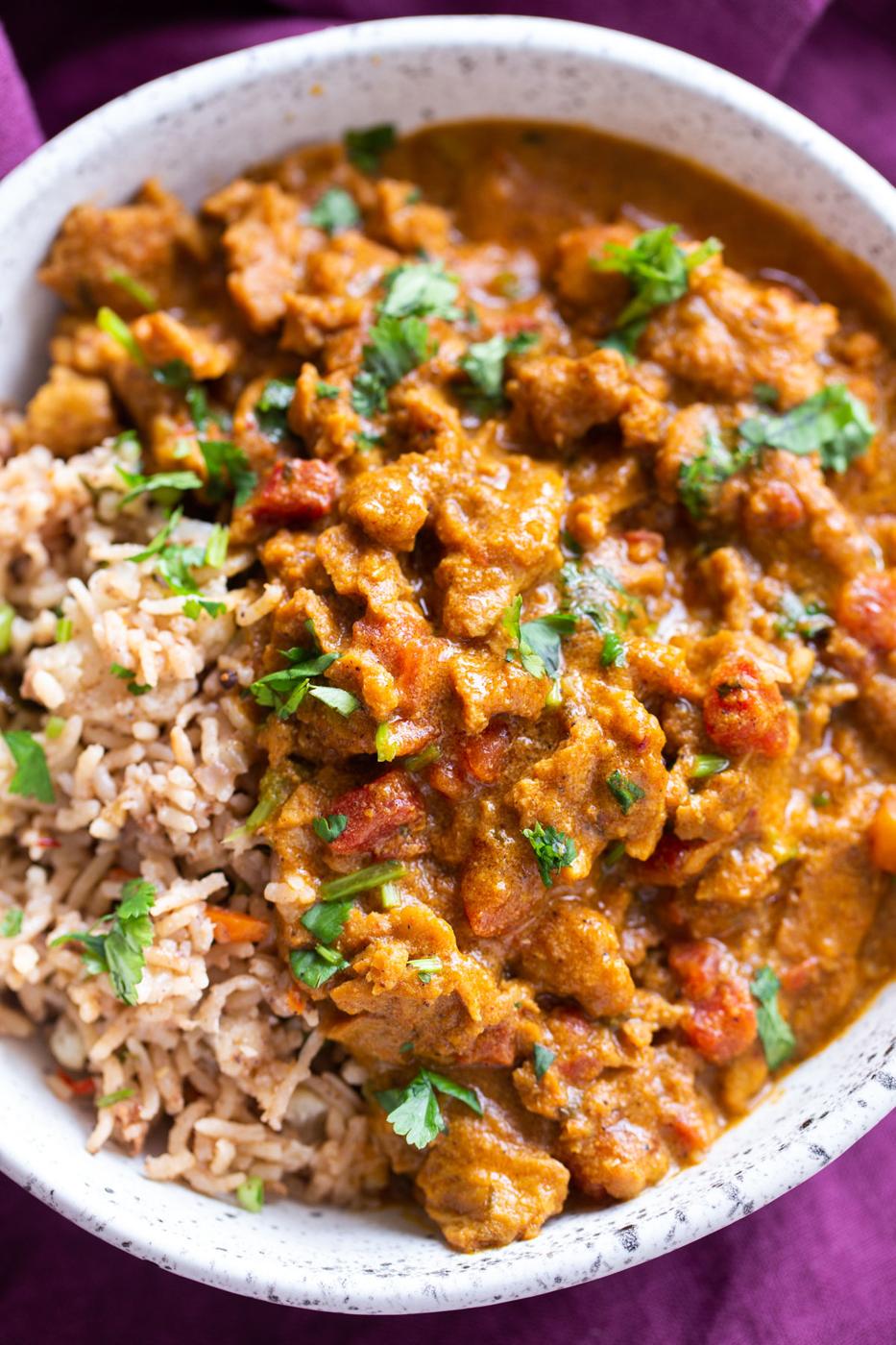 overhead shot of Instant Pot vegan coconut chicken Curry served over rice