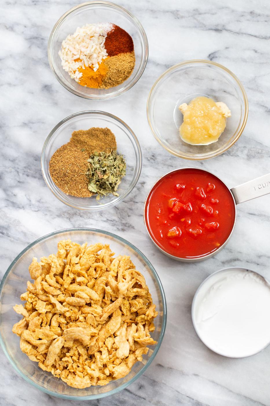 ingredients for Instant Pot Soycurl Curry on a marble surface