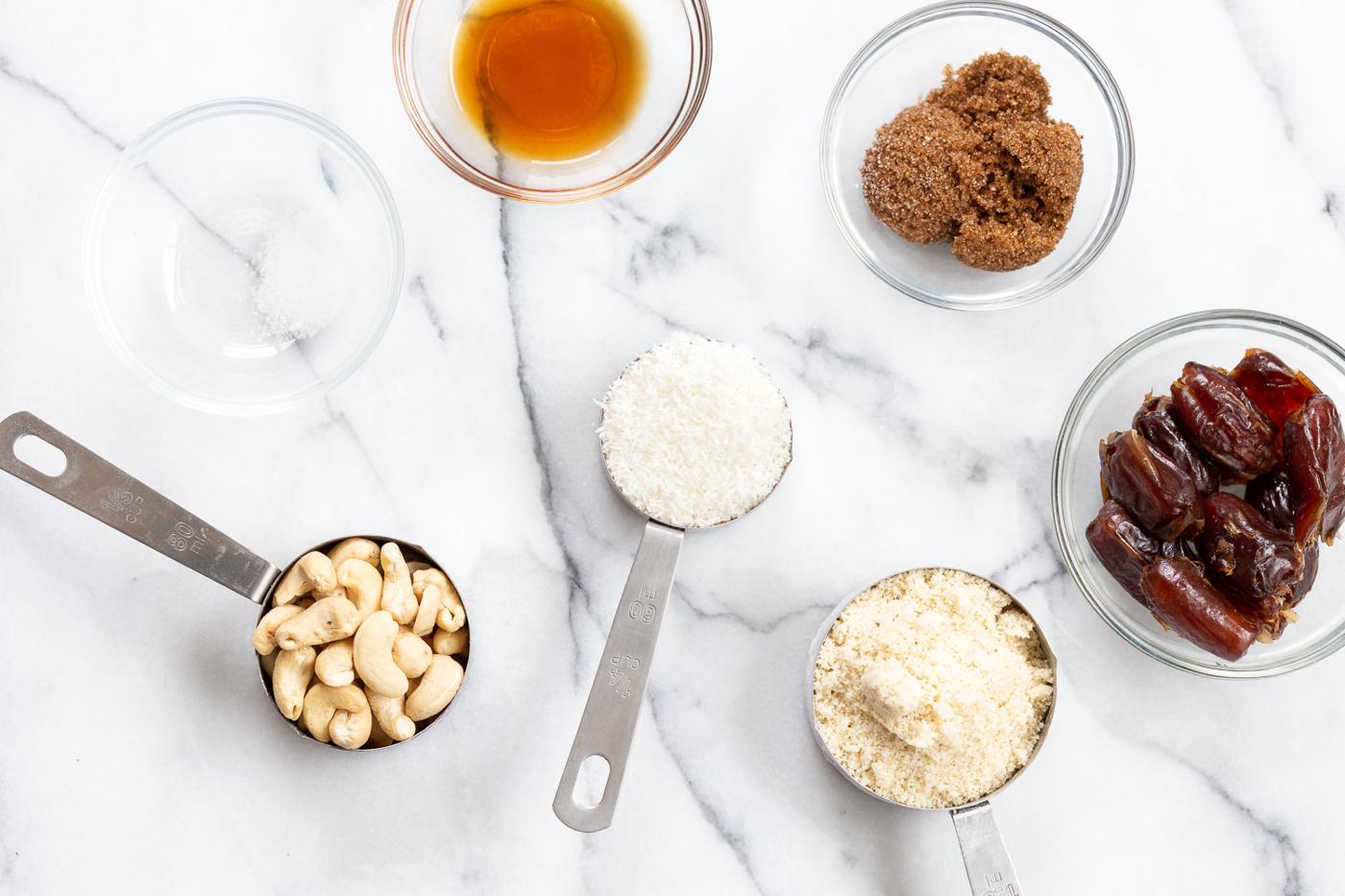 Ingredients for our Vegan Cookie Dough Bites in bowls and measuring cups
