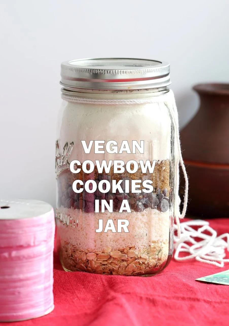Vegan Cowboy Cookies Mix makes great Jar gifts for the Holiday Season. Layer oats, flour, coconut, chocolate sugar and pecans. Mix, add applesauce and oil, and bake. #veganricha #Vegan #Recipe Can be #glutenfree | VeganRicha.com