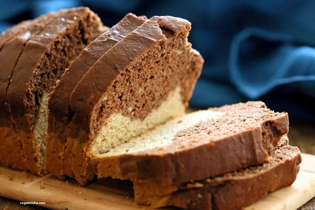 Vegan Cream Cheese Pound Cake. Marbled Vanilla Chocolate Cake. This pound cake is moist and dense | VeganRicha.com #vegan #cake #recipe.