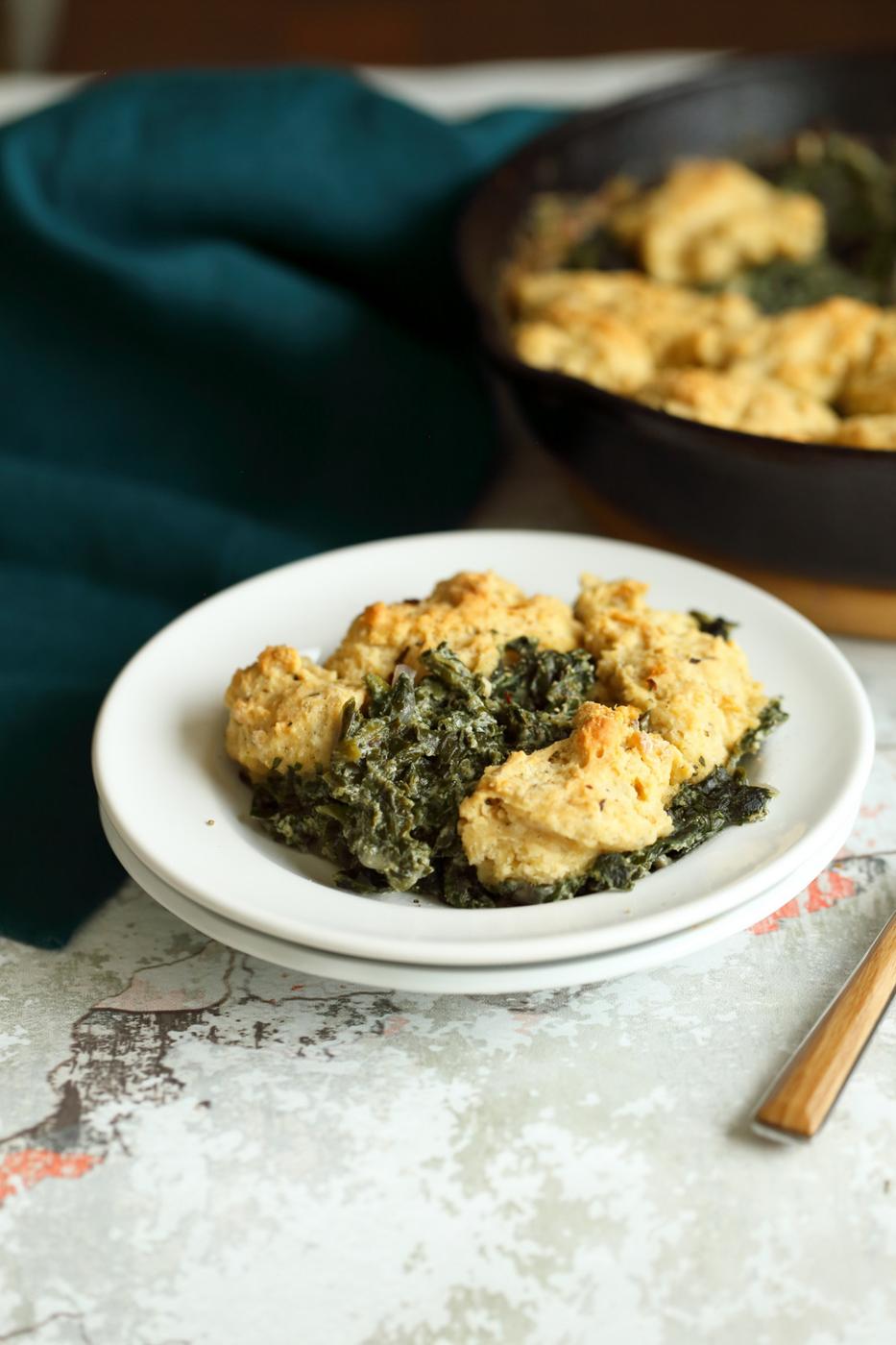 Vegan Creamed Spinach with Biscuit Topping