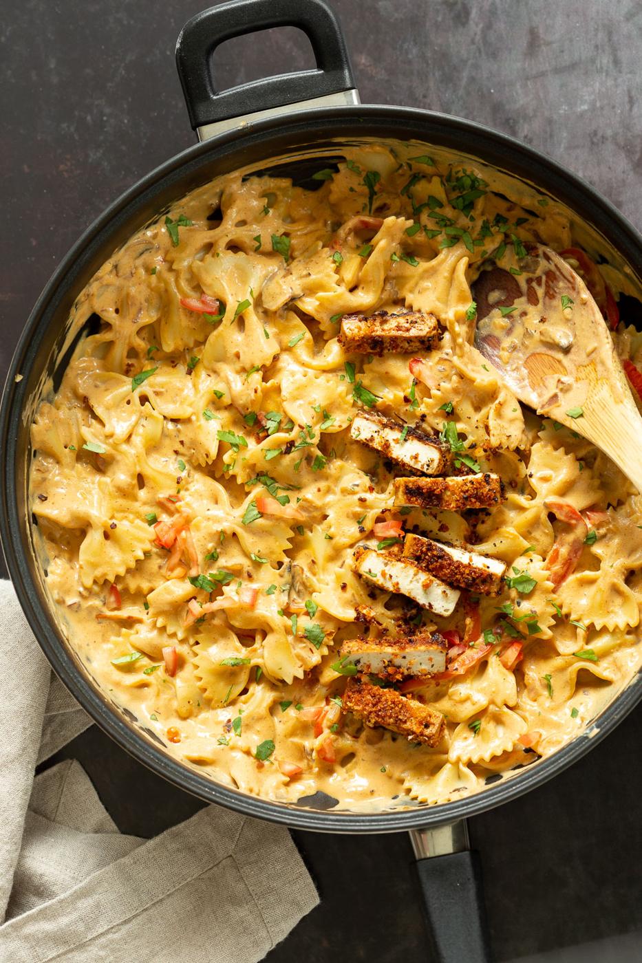 Vegan Creamy Cajun Pasta with Breaded Tofu