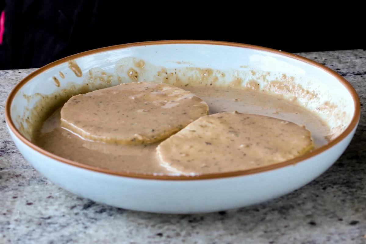 sliced tofu cutlets coated in the batter