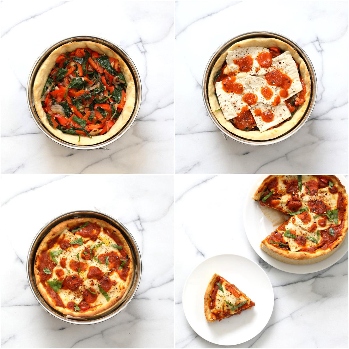 Vegan Deep Dish Pizza with Vegan Mozzarella Slices from Pitzn's Everyday Kitchen #veganricha #vegan #deepdish