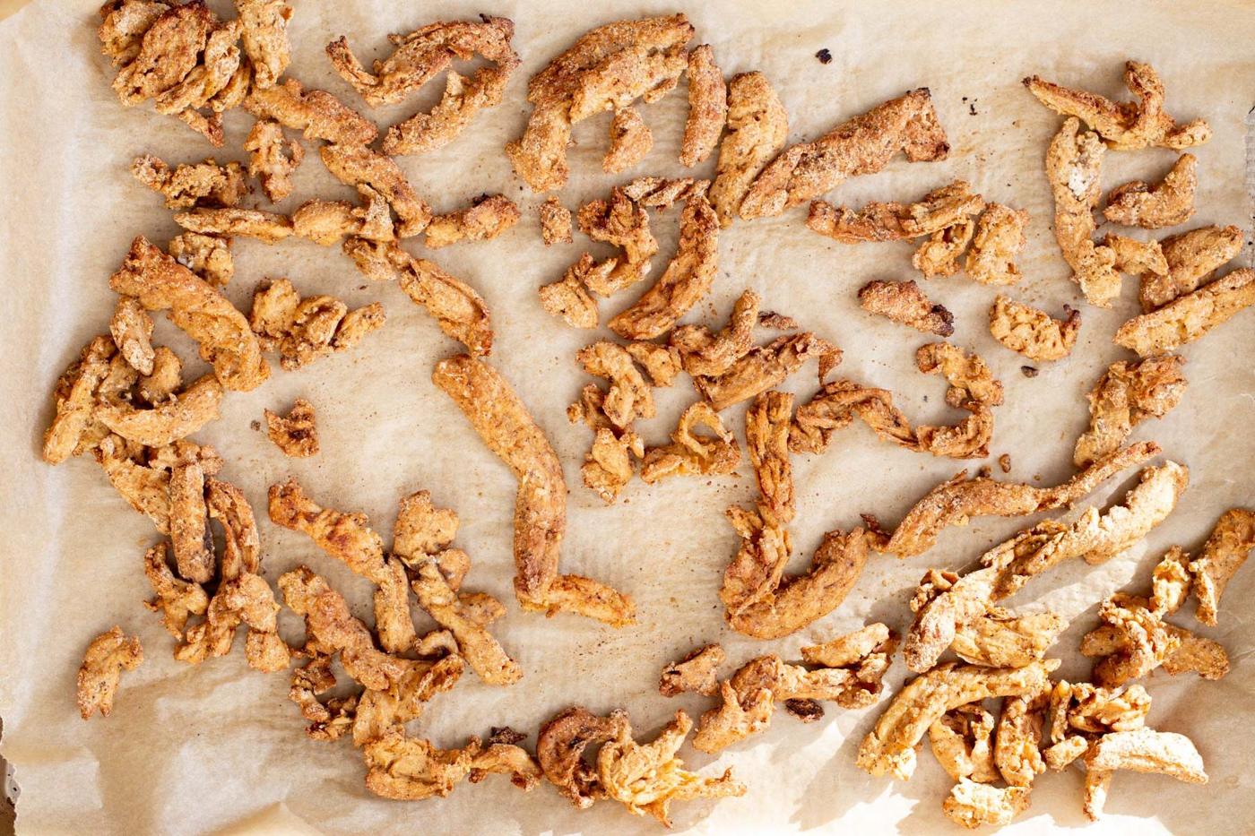 soy curls on a baking sheet