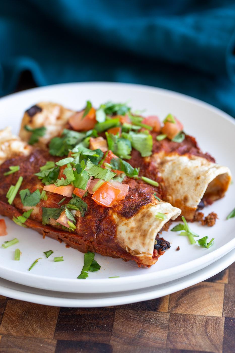 Vegan Cauliflower Bean Taco Meat Enchiladas with homemade Enchilada Sauce