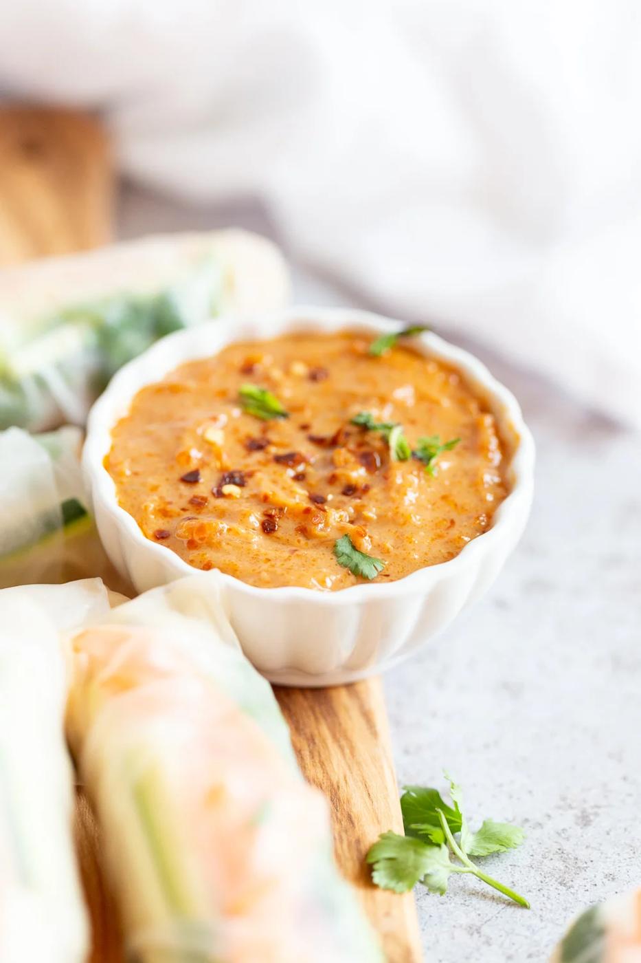 Easy Vegan Fresh Spring Rolls with Peanut Sauce. Rice paper Fresh Rolls with Marinated Tofu and Quick Peanut Dipping Sauce. #Vegan #VeganRicha #VeganSpringrolls #VeganSummerrolls Glutenfree #Recipe Can be Nutfree with Sunbutter or Sweet Chili sauce.