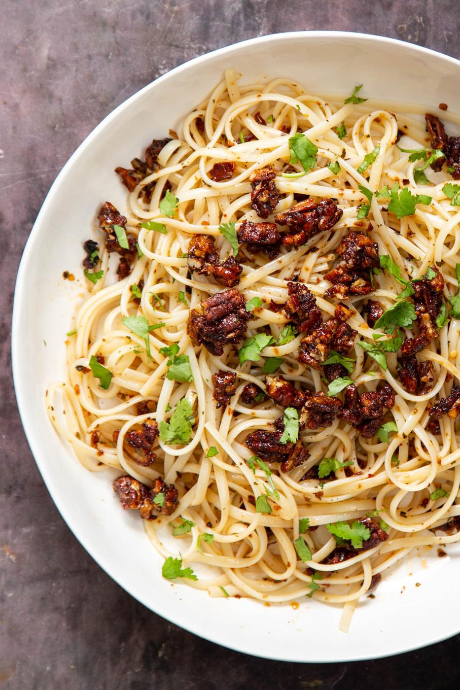 Vegan Garlic Chili Oil Pasta with Smoky Pecans