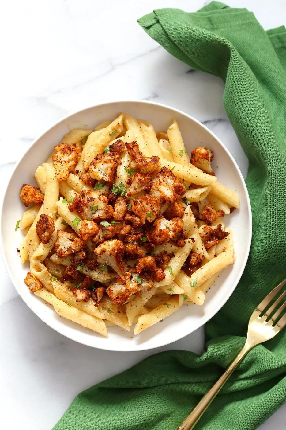 Cajun Cauliflower Over Penne in Shallow Bowl
