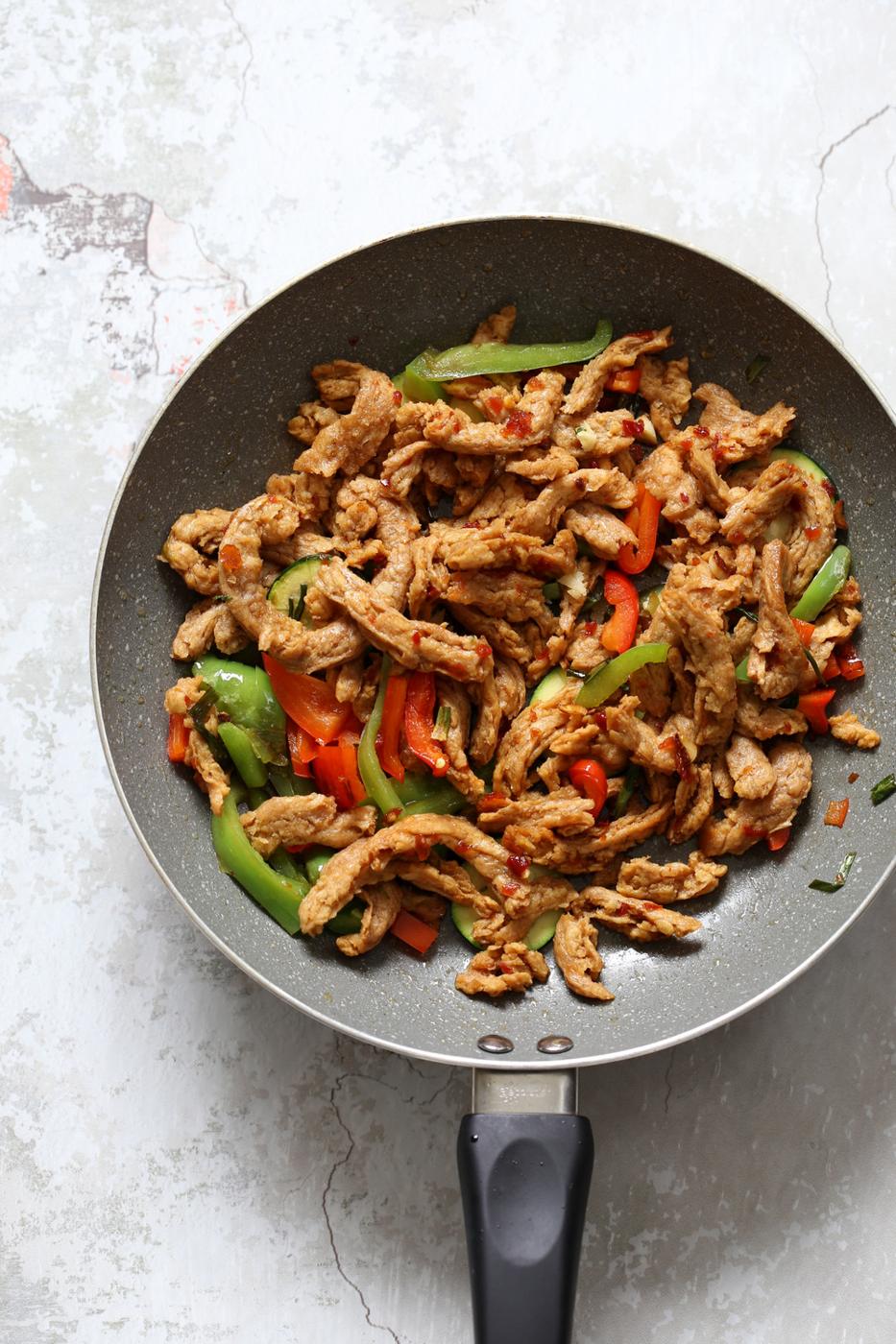 Soy curls in a grey skillet