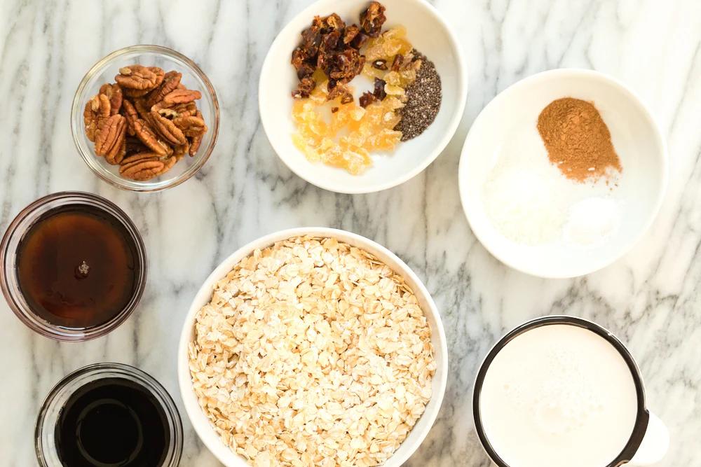 Ingredients for gingerbread Baked Oatmeal i n bowls