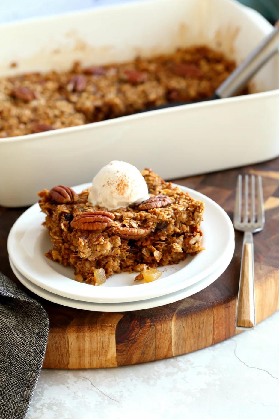 Vegean gingerbread Baked Oatmeal slices on white plate
