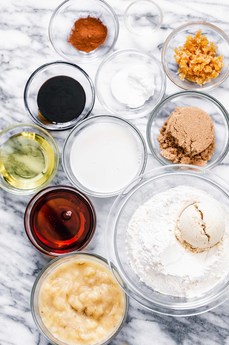 overhead shot of ingredients needed for making vegan gingerbread banana bread
