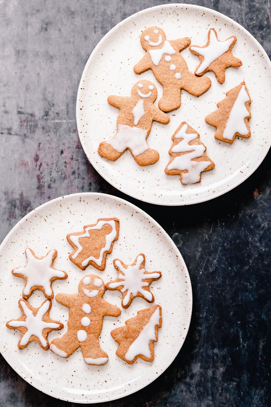 overhead shot of iced vegan gingerbread cookies