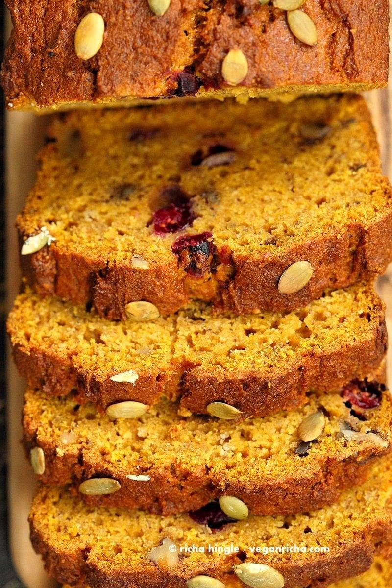 Vegan Gluten free Pumpkin Bread Recipe with cranberries and walnuts. Gum-free, Soy-free. Can be made oat-free. | VeganRicha.com #vegan #glutenfree #pumpkinbread