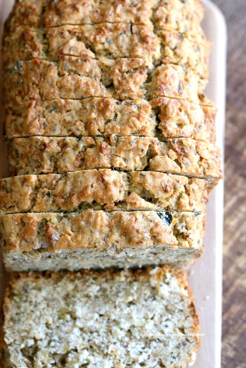 Vegan Gluten free Zucchini Bread Recipe. Moist, soft Zucchini Bread loaded with Oats, Chia seeds, Zucchini. Vegan Gluten-free gum-free Soy-free Recipe | VeganRicha.com