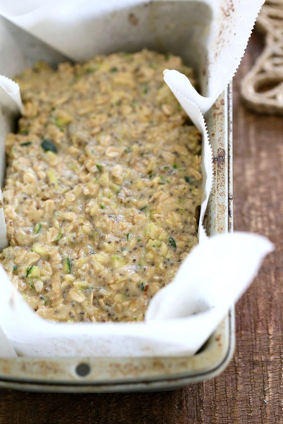 Vegan Gluten free Zucchini Bread Recipe. Moist, soft Zucchini Bread loaded with Oats, Chia seeds, Zucchini. Vegan Gluten-free gum-free Soy-free Recipe | VeganRicha.com