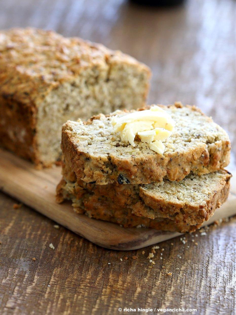Vegan Gluten free Zucchini Bread Recipe. Moist, soft Zucchini Bread loaded with Oats, Chia seeds, Zucchini. Vegan Gluten-free gum-free Soy-free Recipe | VeganRicha.com