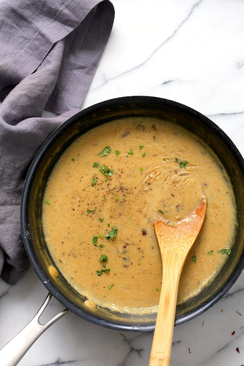 Fluffy Mashed Potatoes with Vegan Gravy - 1 Pot - Mushroom Free. Can be Nut-free, soy-free. Serve over mashed potatoes, biscuits, thanksgiving loaf and more. #Vegan #Recipe #veganricha | VeganRicha.com