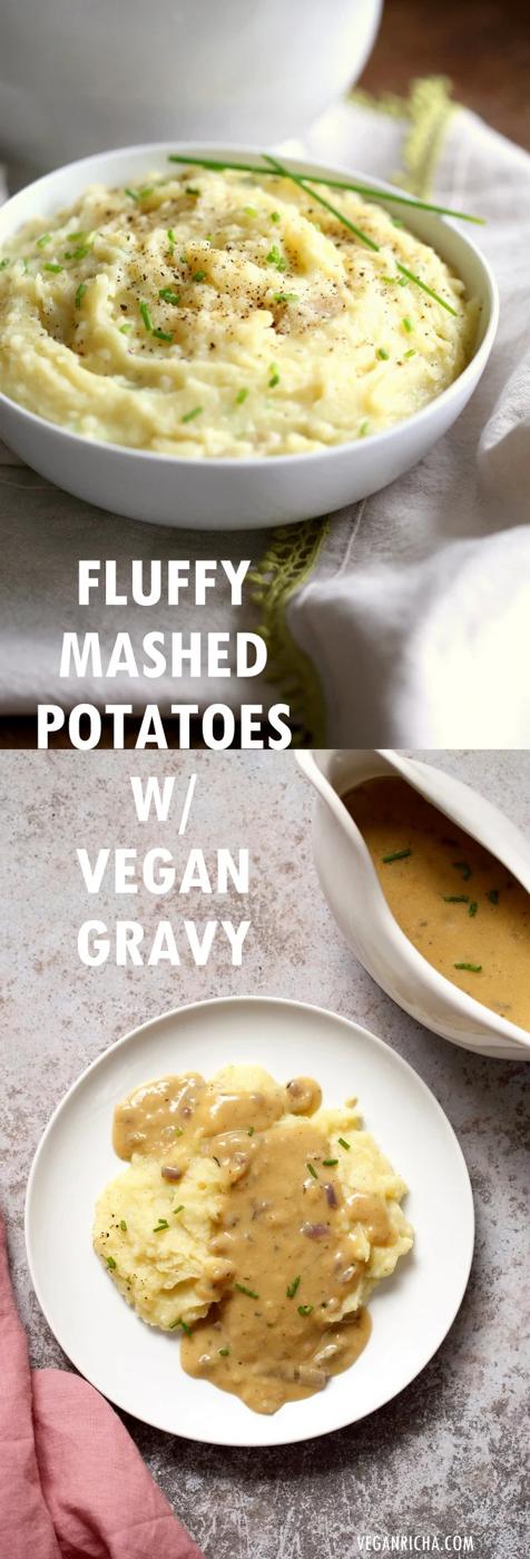 Fluffy Vegan Mashed Potatoes with Vegan Gravy - 1 Pot Gravy - Mushroom Free. Can be Nut-free, soy-free. Serve over mashed potatoes, biscuits, thanksgiving loaf and more. #Vegan #Recipe #veganricha | VeganRicha.com