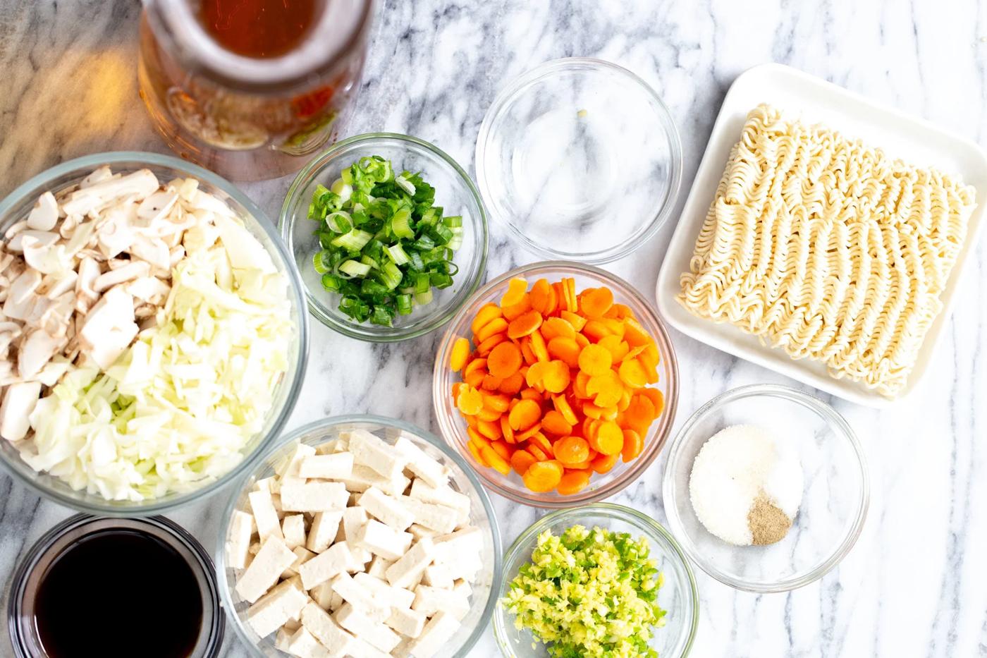overhead shot of ingredients needed for making vegan hot and sour soup