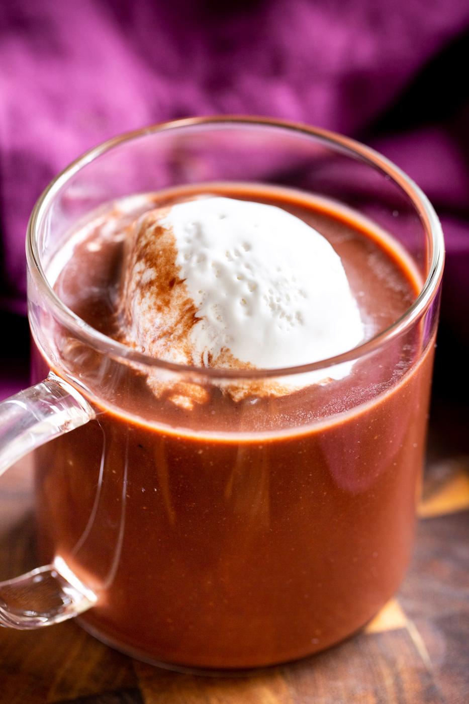 vegan hot chocolate topped with vegan ice cream