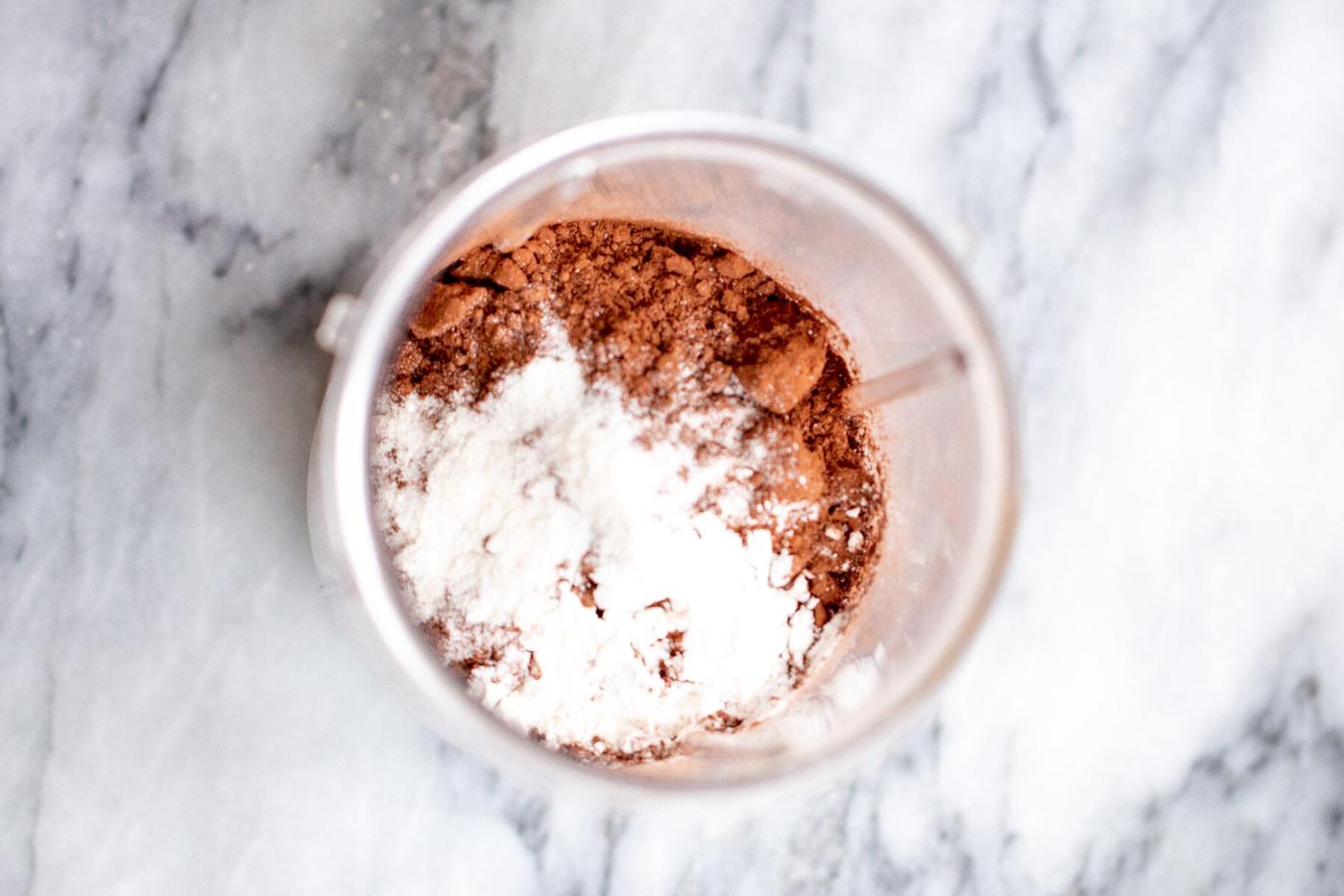 dry ingredients for vegan hot chocolate mix in a glass