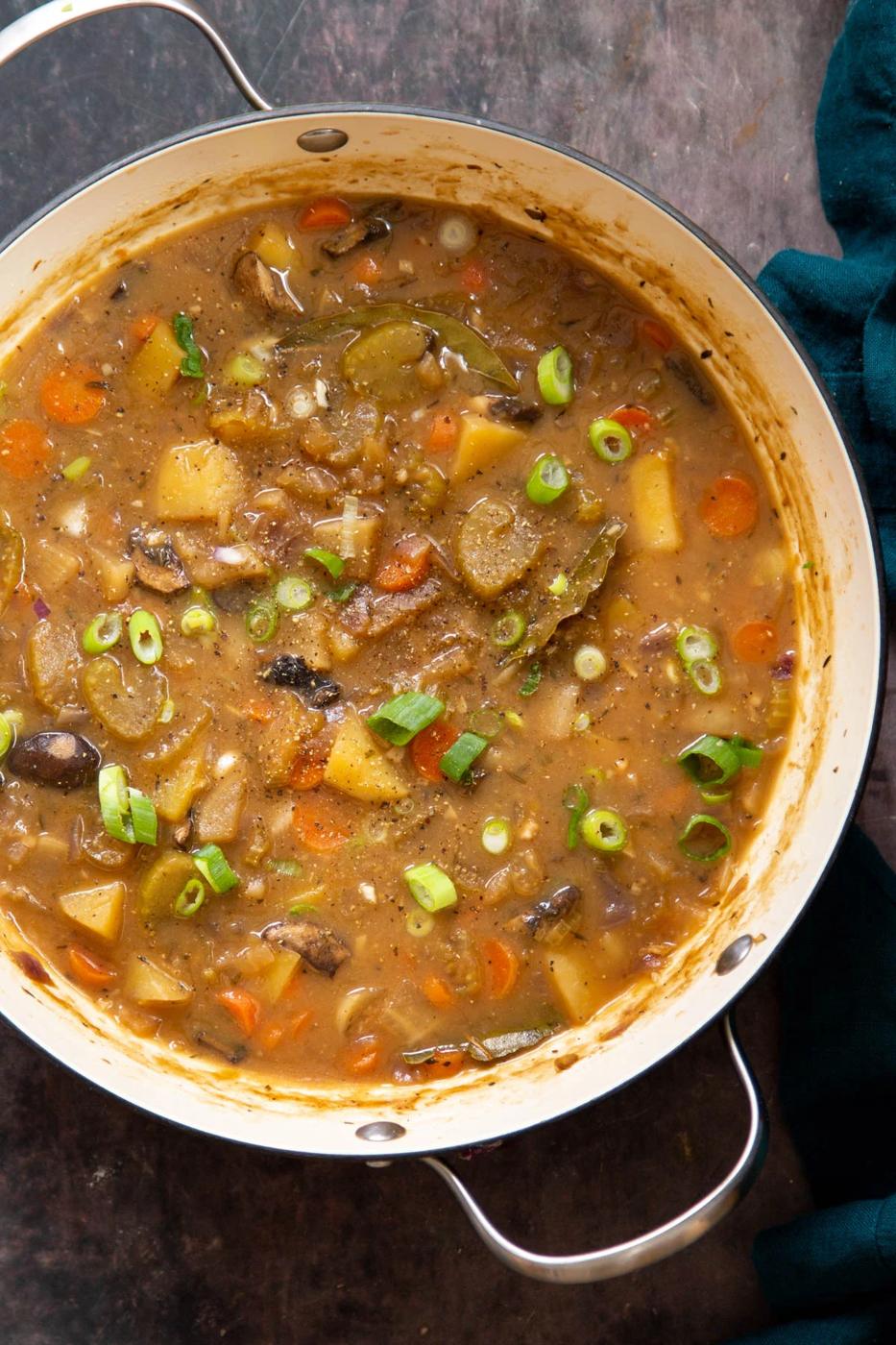 overhead shot of a pot of vegan Irish Stew