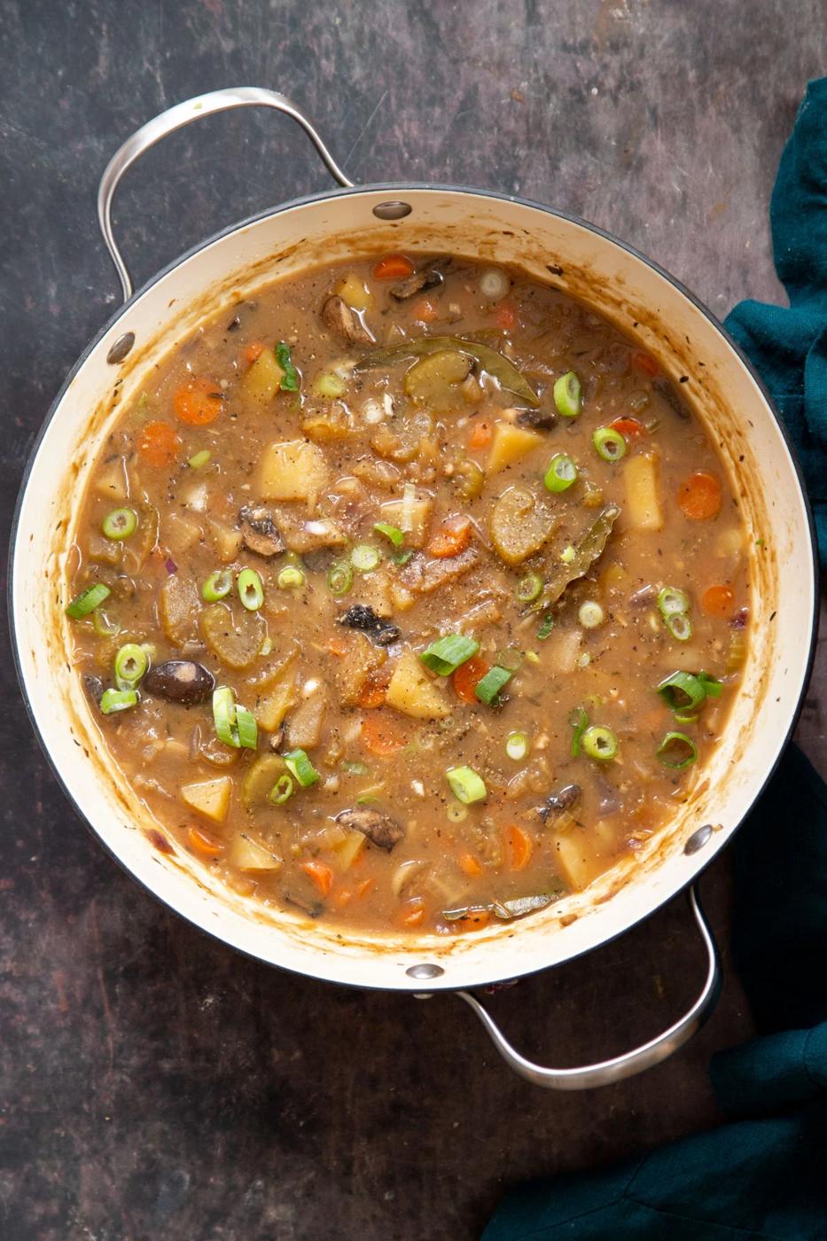 a pot of vegan irish stew