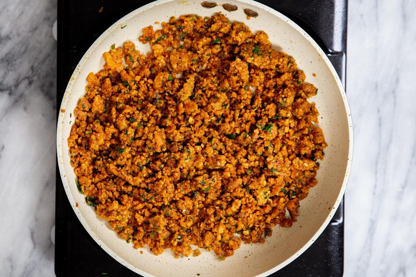 filling for vegan kachori pinwheels in a sauteeing pan