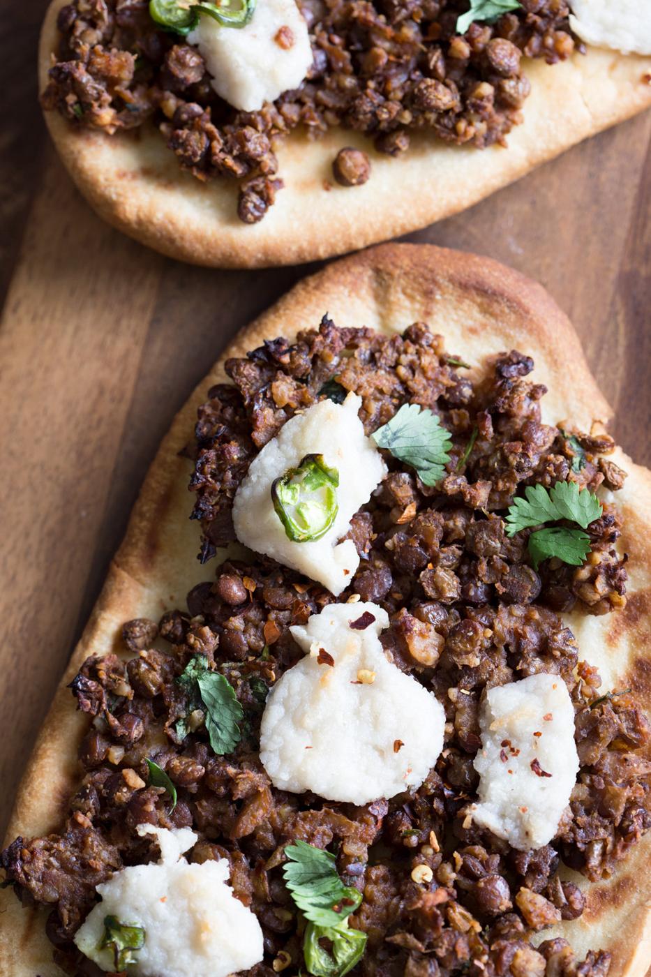 Vegan Keema Naan with Keema Lentils, onion, carrots and walnuts. These lentils with the herbs and spices make a vegan version of keema. Serve over Naan bread or Pizza or fill tacos or wraps. #Vegan #Recipe #veganricha, Can be gluten-free and soy free. | VeganRicha,com