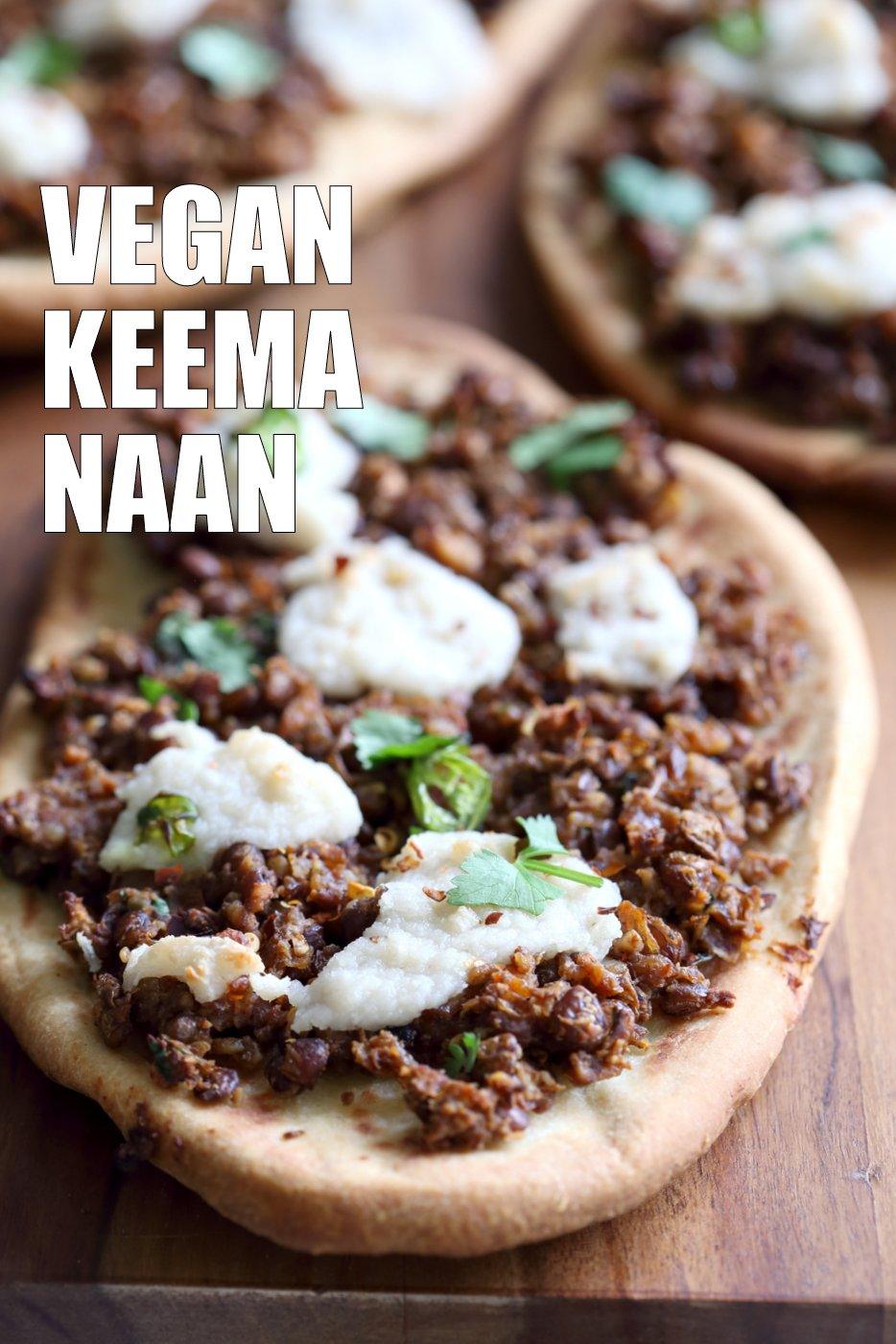 Vegan Keema Naan with Keema Lentils, onion, carrots and walnuts. These lentils with the herbs and spices make a vegan version of keema. Serve over Naan bread or Pizza or fill tacos or wraps. #Vegan #Recipe #veganricha, Can be gluten-free and soy free. | VeganRicha,com