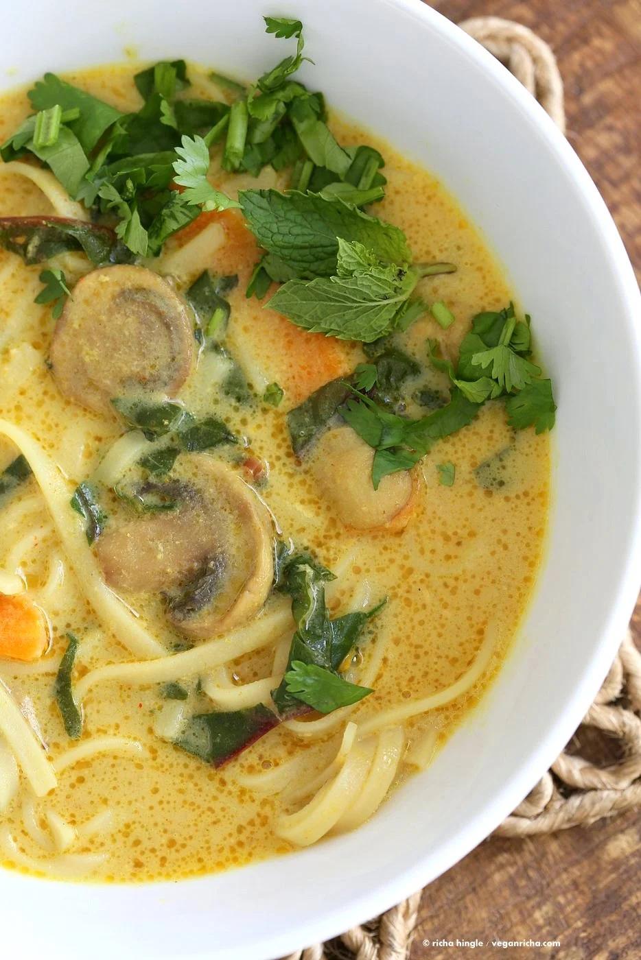 Vegan Laksa - Malaysian Curry Laksa Soup Recipe with homemade Laksa paste. Warming, spicy, flavorful soup for fall and winter. Vegan Gluten-free Soy-free Recipe | VeganRicha.com