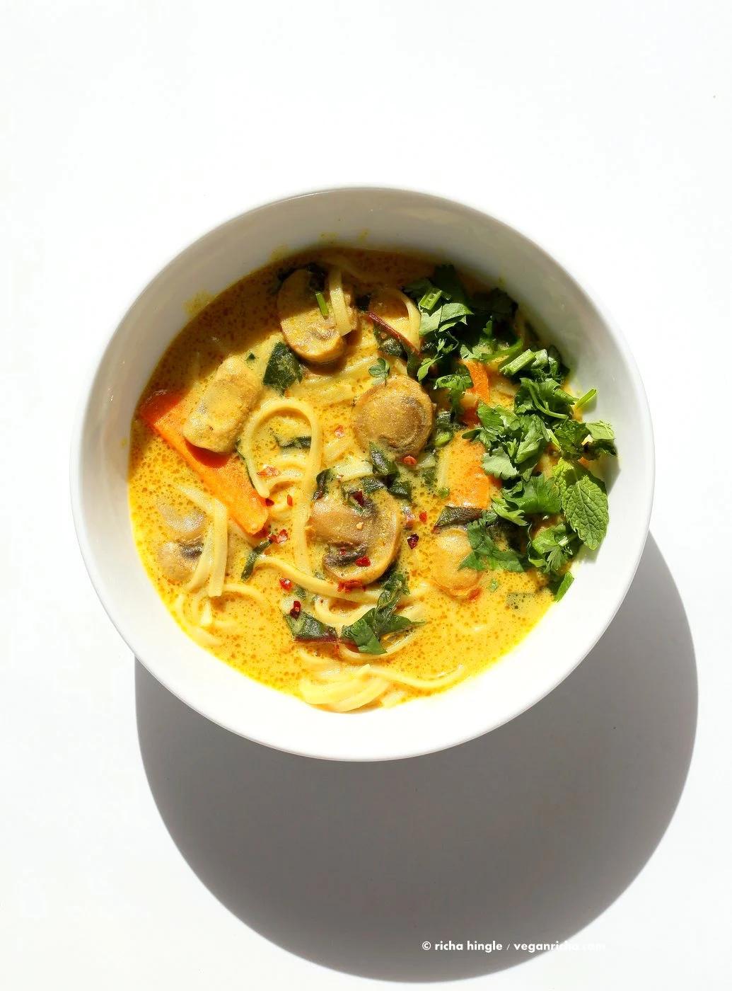 Vegan Laksa - Malaysian Curry Laksa Soup Recipe with homemade Laksa paste. Warming, spicy, flavorful soup for fall and winter. Vegan Gluten-free Soy-free Recipe | VeganRicha.com