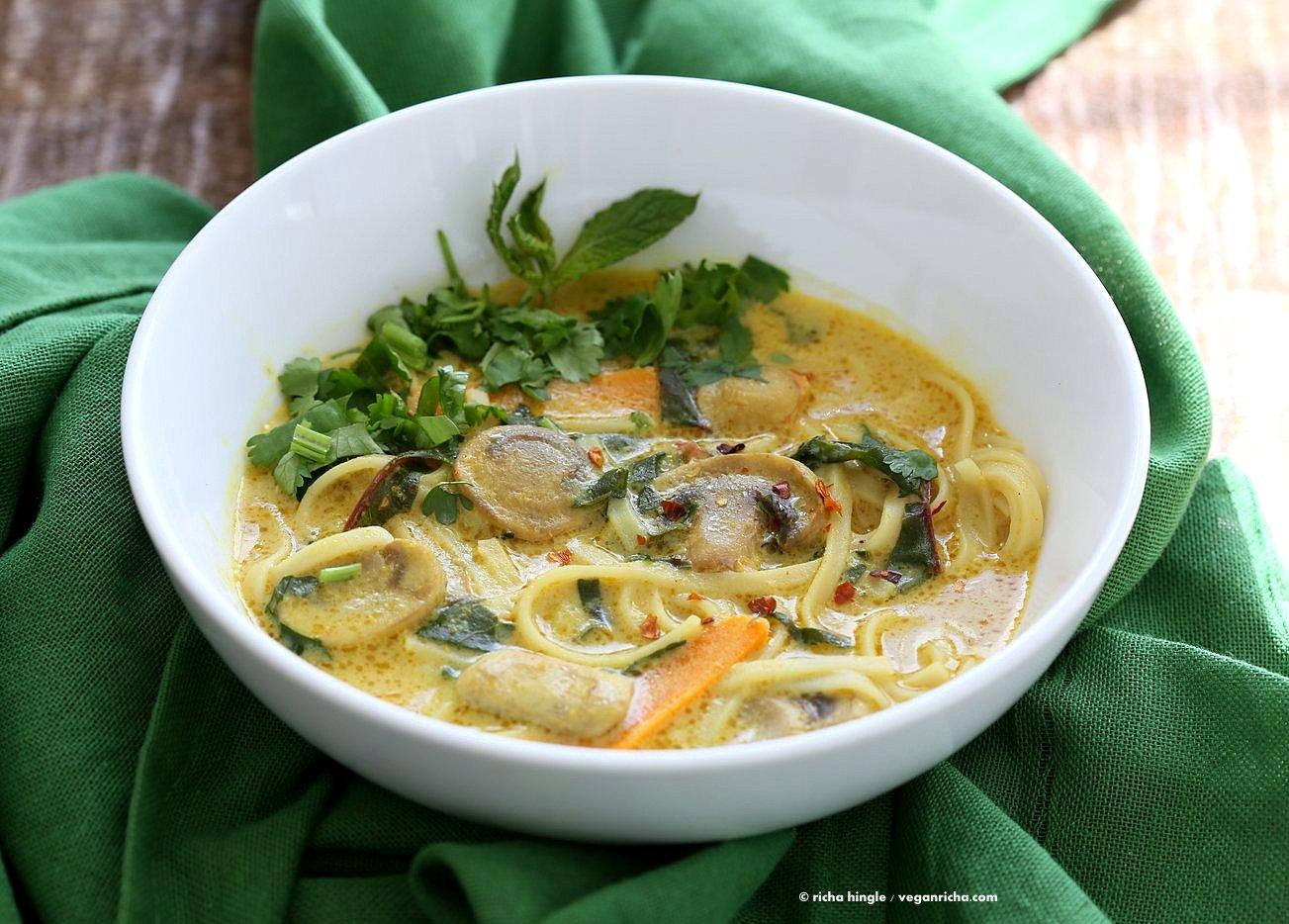 Vegan Laksa - Malaysian Curry Laksa Soup Recipe with homemade Laksa paste. Warming, spicy, flavorful soup for fall and winter. Vegan Gluten-free Soy-free Recipe | VeganRicha.com