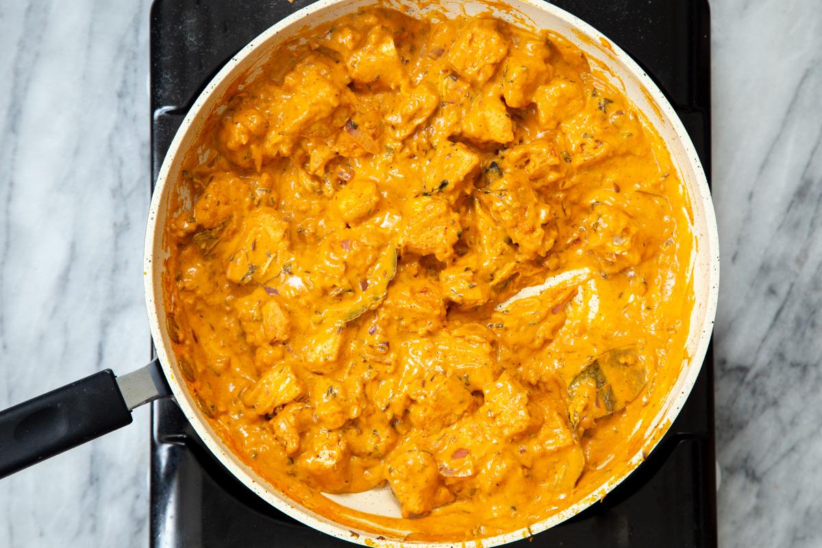 overhead shot of a pan with creamy lasooni tofu curry