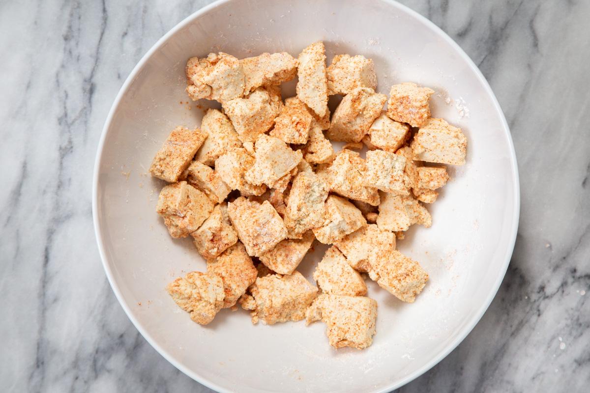 seasoned tofu chunks ready for baking