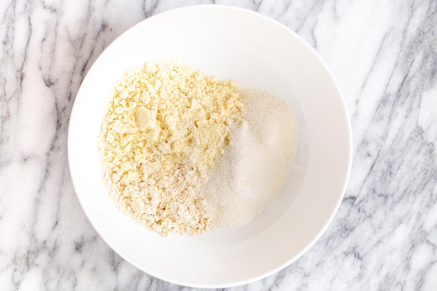 dry ingredients for lemon bars in a small bowl