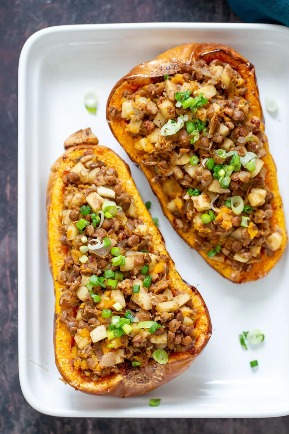 Vegan Lentil, Apple & Pecan Stuffed Butternut Squash