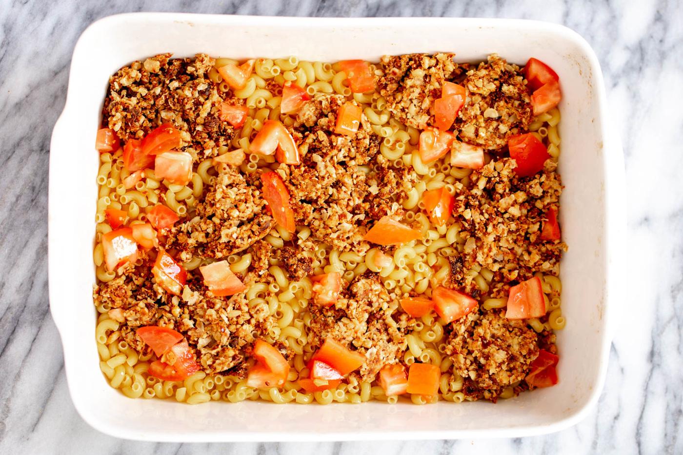 mac and cheese taco bake with vegan walnut taco meat